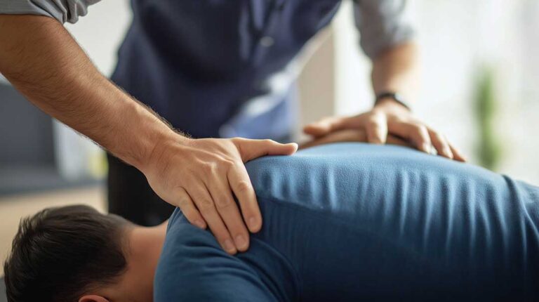 A chiropractor performing a gentle back assessment on a seated teenager in a bright, comfortable clinic.