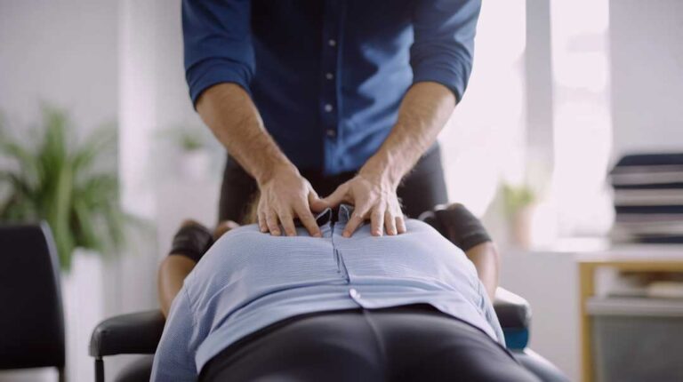 Person gently stretching a sore lower back beside a chair in a bright home.